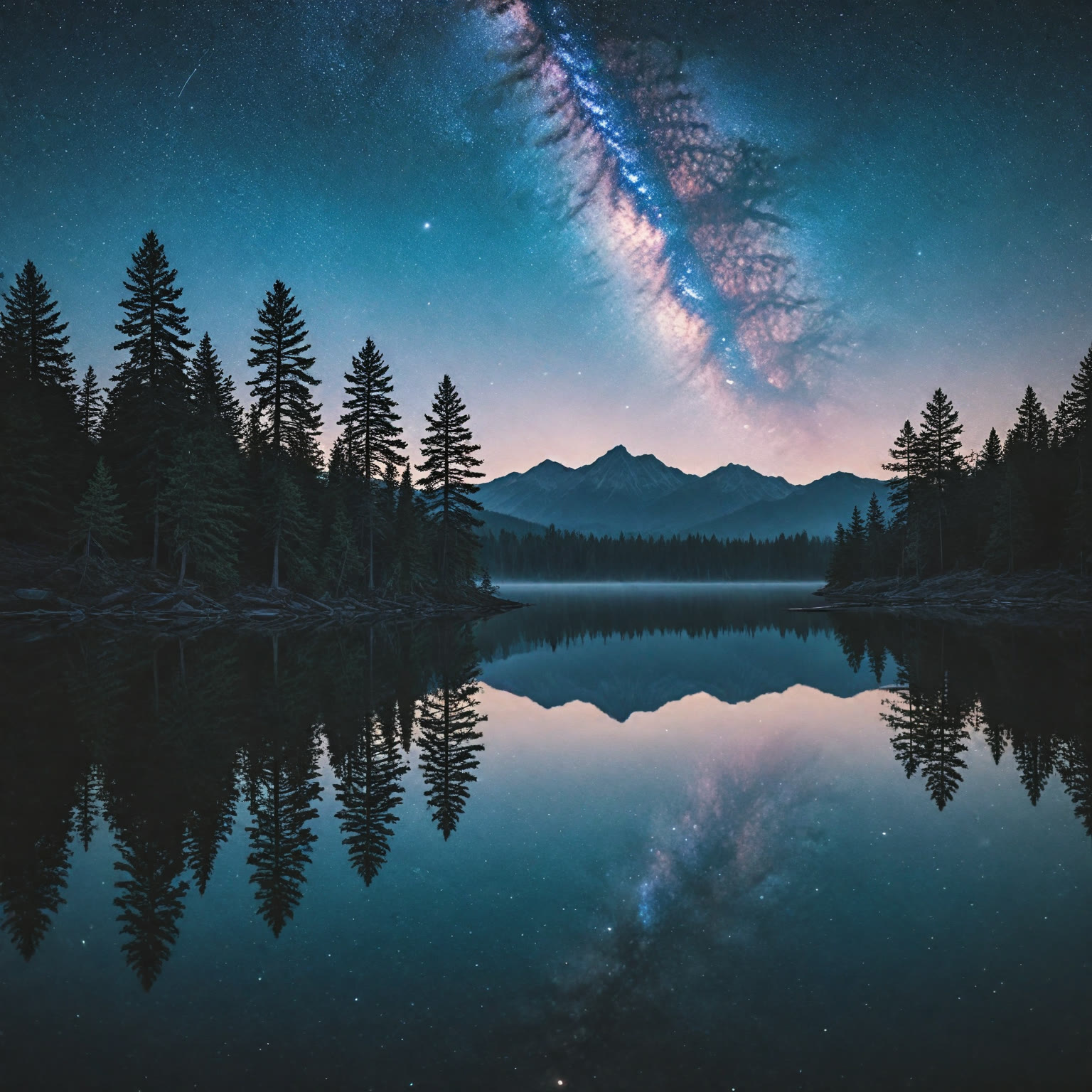 A still mountain lake at night beneath the Milky Way — the peaks, pines, and stars mirrored in the black water.