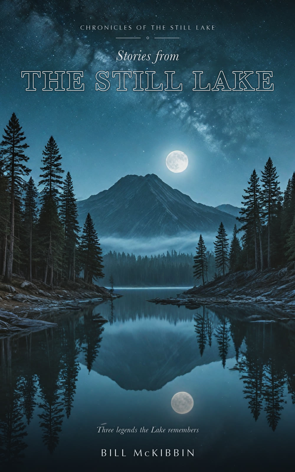 Cover of Stories From The Still Lake by Bill McKibbin: a still mountain lake at night beneath the Milky Way, the title lettered so the stars show through.
